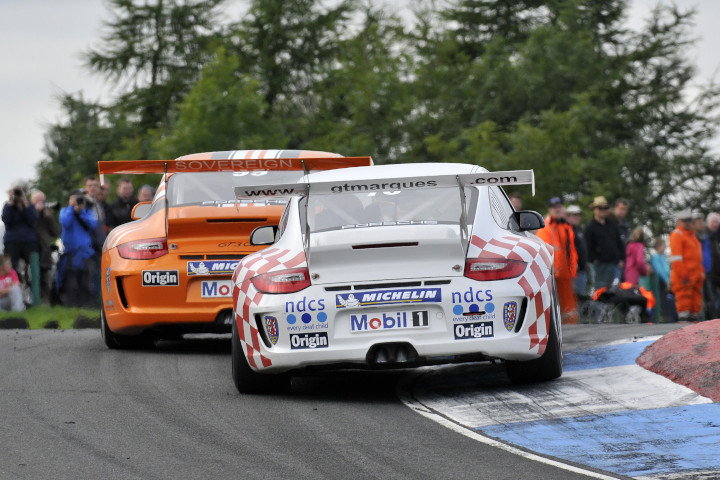 Porsche GT3 cars racing at Knockhill in 2012